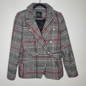 Bagatelle Collection Plaid Double Breasted Blazer Black Wine White Sz Small EUC